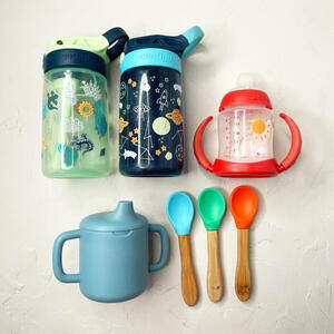 Lot of Sippy Cups and Colorful Bamboo Spoons
